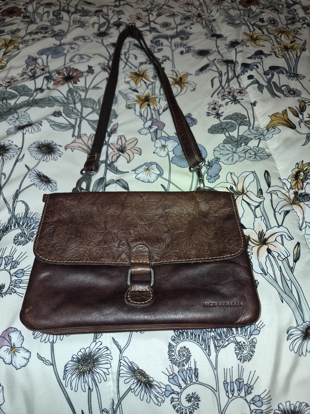 Tooled Leather Shoulder Bag in Brown by Jack Georges